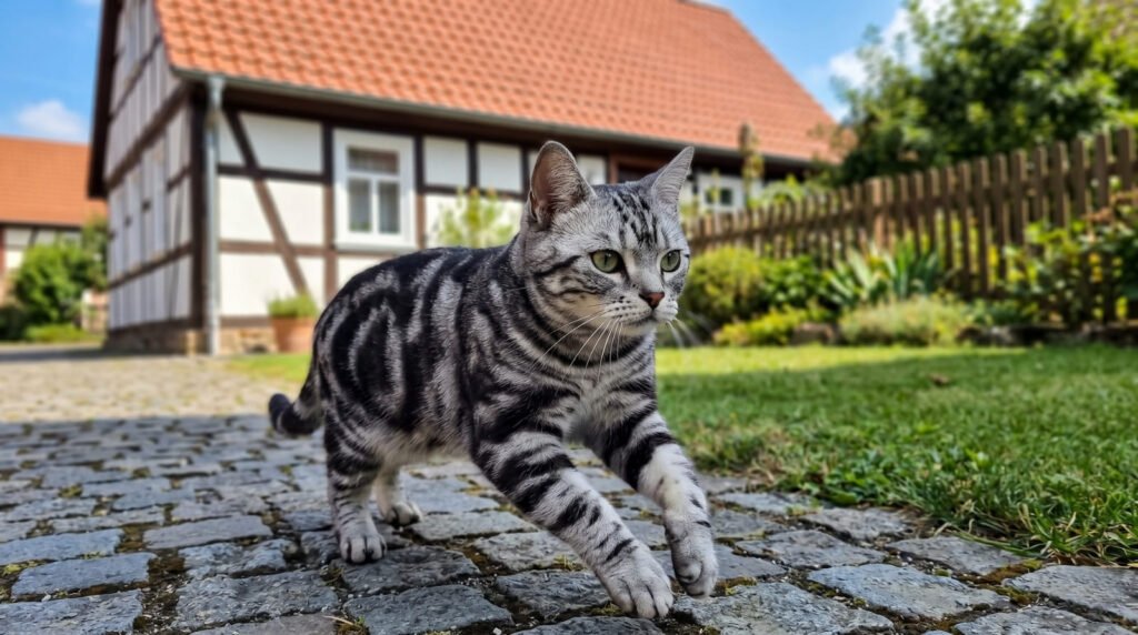 Pflegeleichte Britisch Kurzhaar Katze entspannt auf einem Kissen im Wohnzimmer American Shorthair