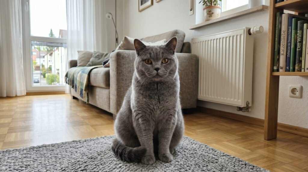 Pflegeleichte Britisch Kurzhaar Katze entspannt auf einem Kissen im Wohnzimmer British Shorthair