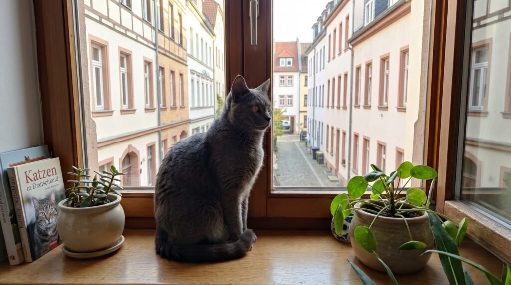 Pflegeleichte Britisch Kurzhaar Katze entspannt auf einem Kissen im Wohnzimmer Chartreux
