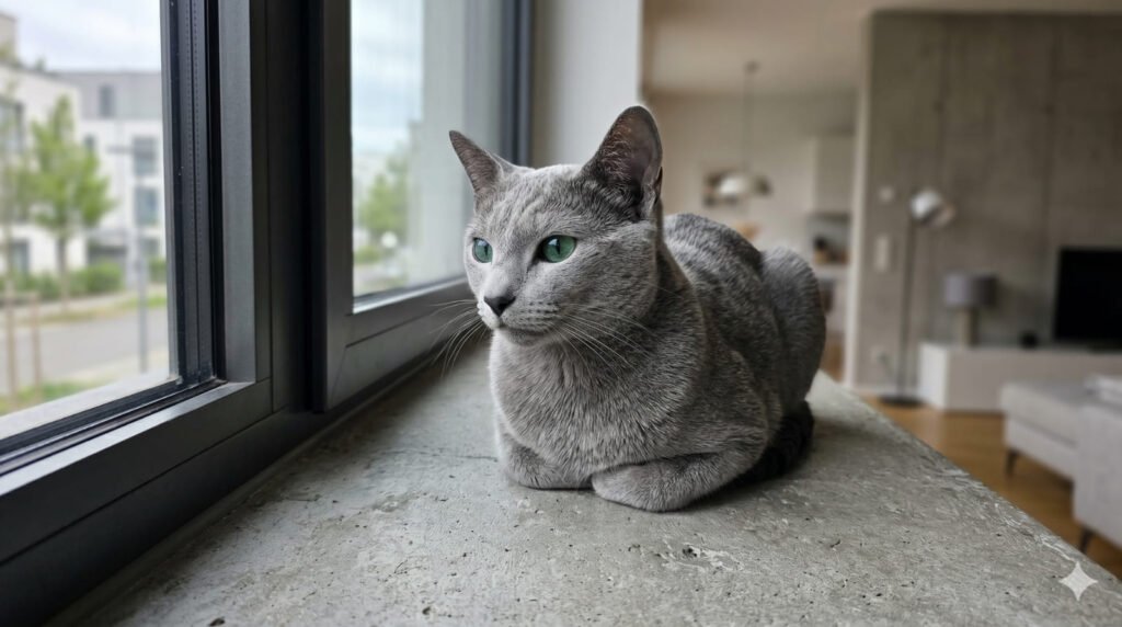 elegant Russian Blue cat sleek silvery blue double coat