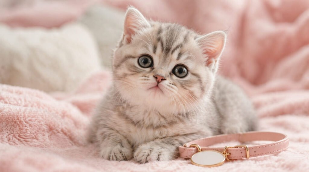 Ein kleines, flauschiges Britisch Kurzhaar Katzenbaby (Kitten) schaut neugierig in die Kamera