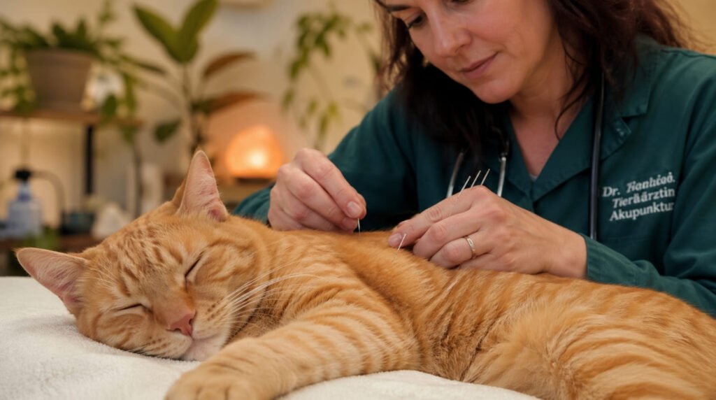 Ein spezialisierter Tierarzt setzt sanft eine feine Akupunkturnadel am Rücken einer entspannten grauen Katze