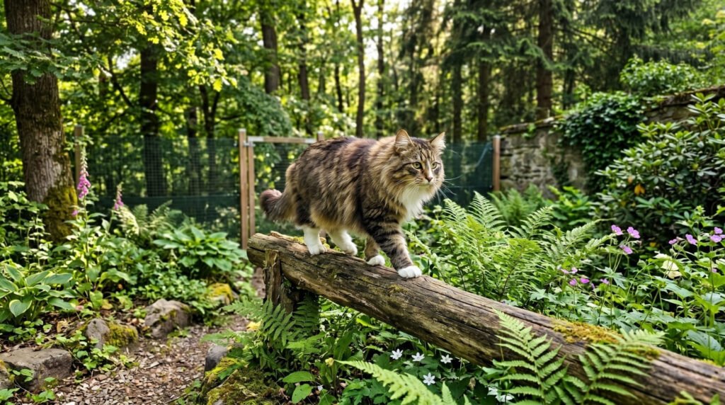 Eine abenteuerlustige Norwegische Waldkatze balanciert auf einem Baumstamm in einem katzensicheren gruenen Garten