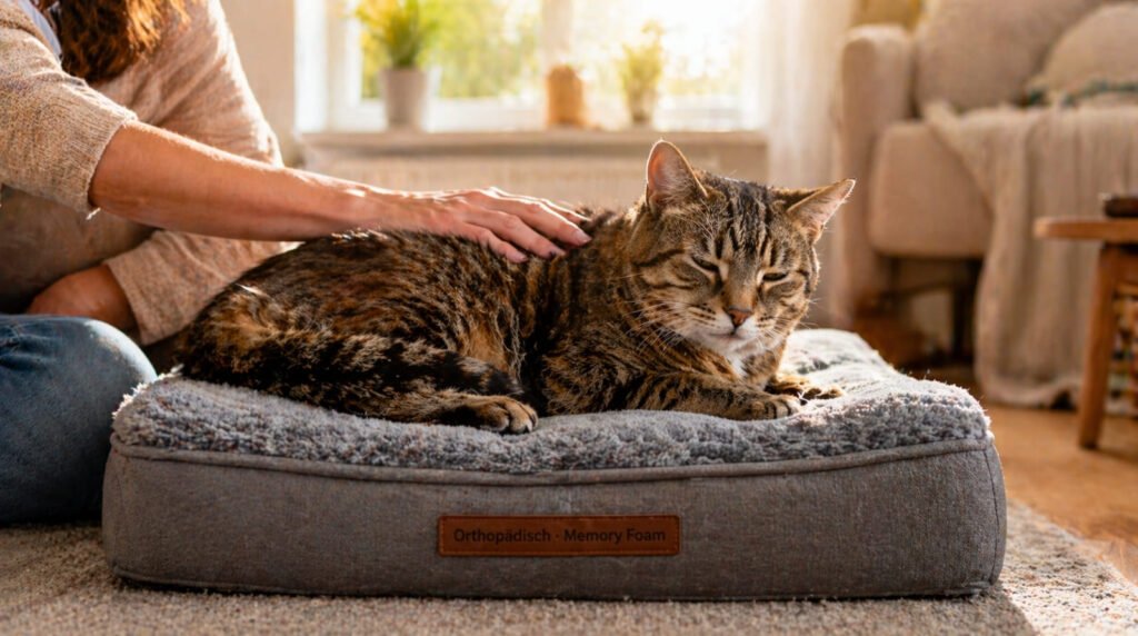 Eine ältere Britisch Kurzhaar Katze entspannt sich auf einem orthopädischen Katzenbett, während ihre Besitzerin sie sanft massiert