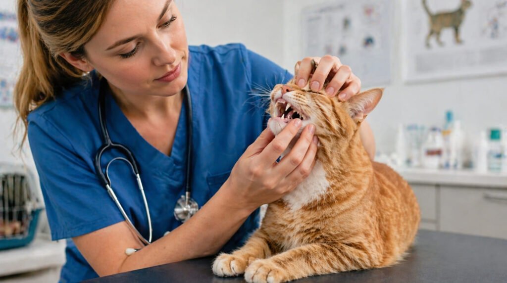 Eine besorgte Besitzerin und ein Tierarzt untersuchen gemeinsam das Gebiss einer roten Katze