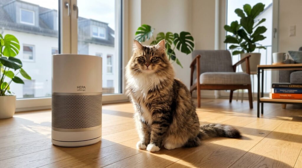 Eine flauschige Sibirische Katze sitzt friedlich neben einem modernen HEPA Luftreiniger in einem hellen Wohnzimmer