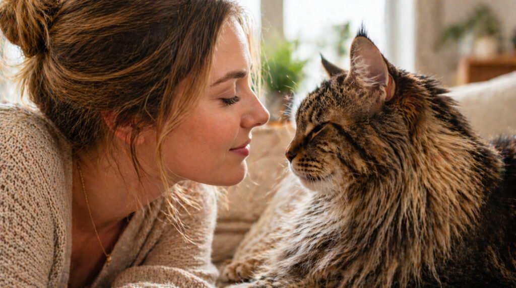 Eine junge Frau blinzelt ihrer roten Katze liebevoll zu, ein sogenannter Katzenkuss