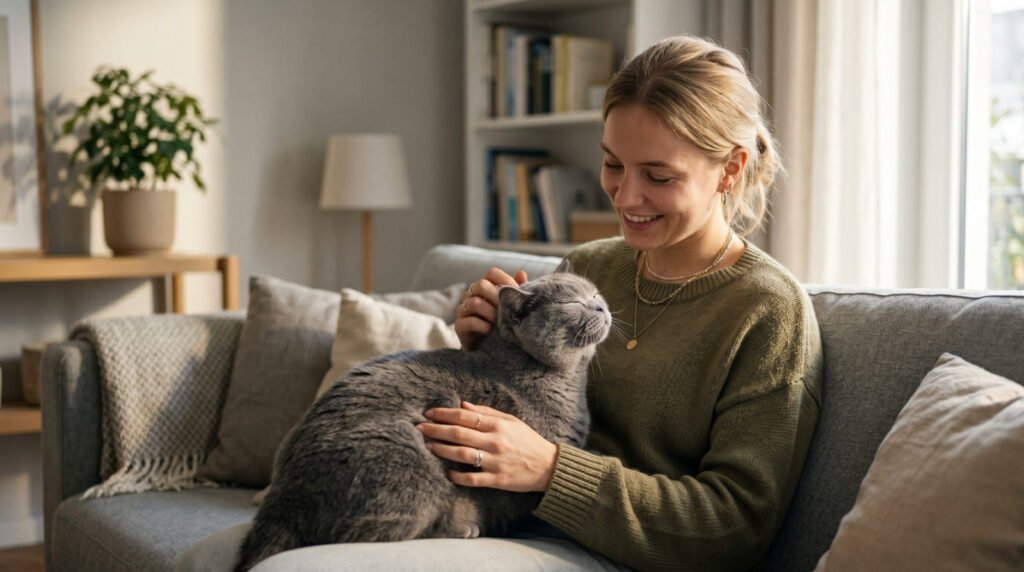 Eine junge Frau streichelt liebevoll eine entspannte Britisch Kurzhaar Katze auf einem gemuetlichen Sofa