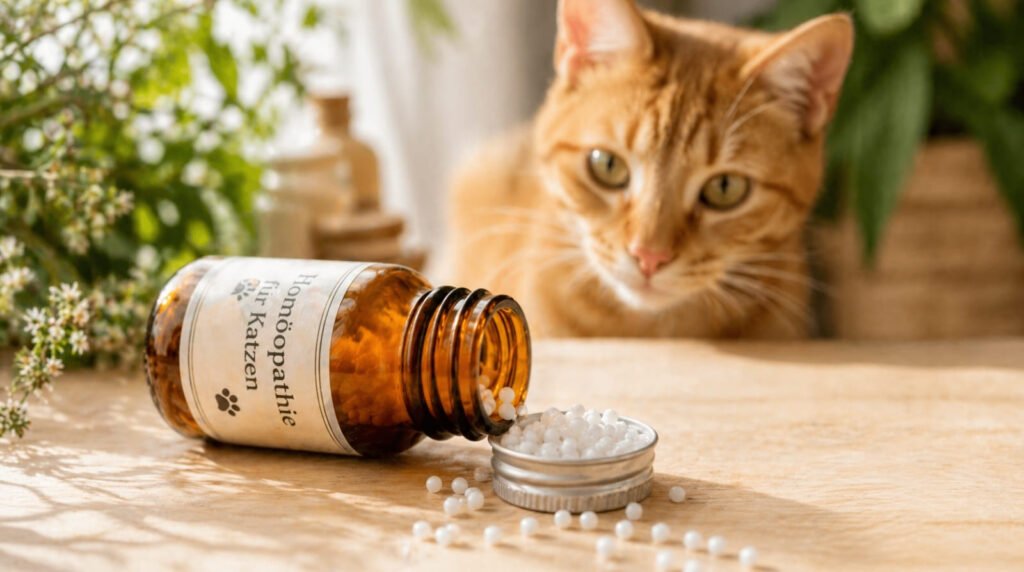 Eine kleine braune Apothekerflasche mit Globuli steht neben einer neugierigen Britisch Kurzhaar Katze auf einem Holztisch