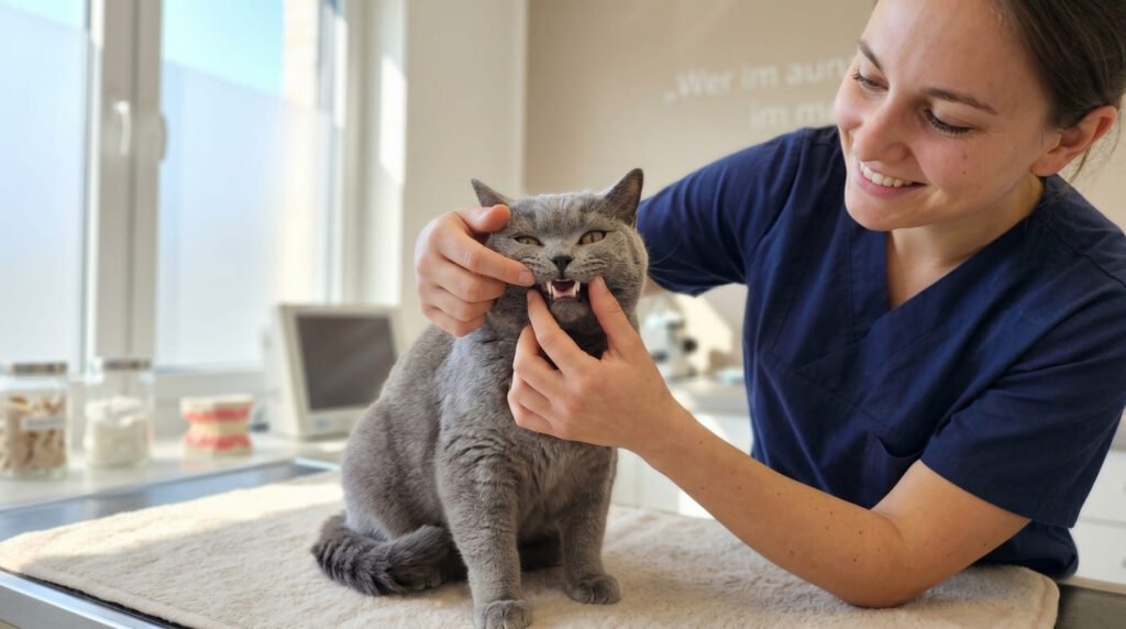 Nahaufnahme Eine junge Frau reinigt sanft die Zähne einer Britisch Kurzhaar Katze mit einem Silikon-Fingerling