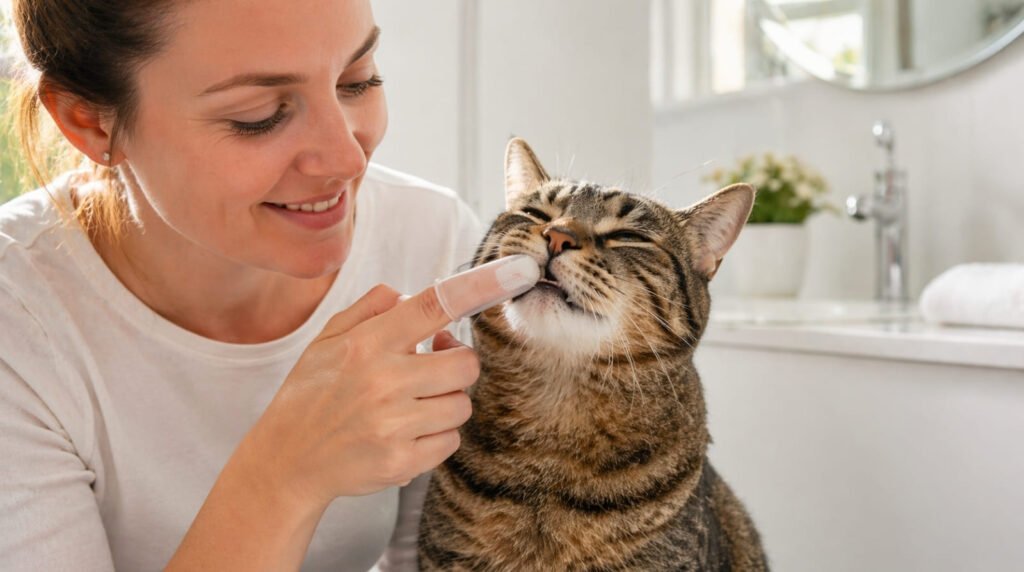 Nahaufnahme einer Katzenbesitzerin, die ihrer Britisch Kurzhaar Katze entspannt mit einem Fingerling die Zähne putzt