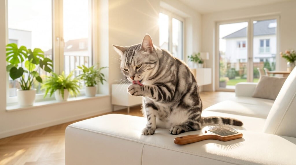 Pflegeleichte Britisch Kurzhaar Katze entspannt auf einem Kissen im Wohnzimmer