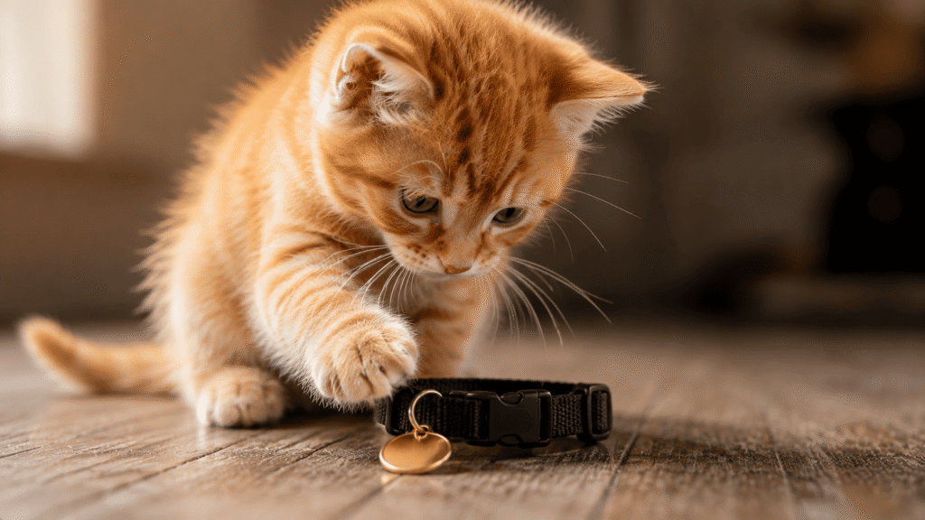 Ein kleiner roter Kater (Kitten) spielt neugierig mit einem goldenen Namensschild an einem Halsband auf einem Holzboden