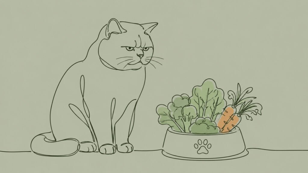 Ein minimalistisches Vektor Design einer Katze die skeptisch einen Napf voller Salatblaetter und Gemuese betrachtet
