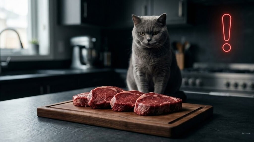 Ein rotes Warnschild Symbol ueber einer Holzschneidebrett mit rohem Fleisch daneben eine skeptisch blickende Katze