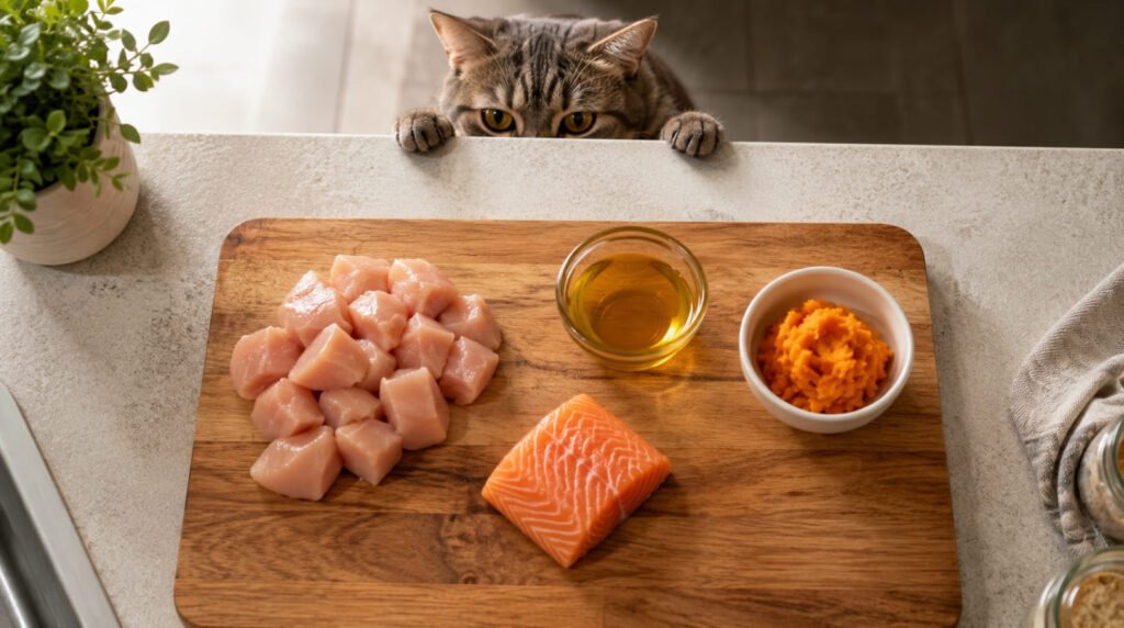 Eine Auswahl an frischem Fleisch, Gemüse und Supplementen für die natürliche Katzenernährung (BARF) auf einem rustikalen Holzbrett