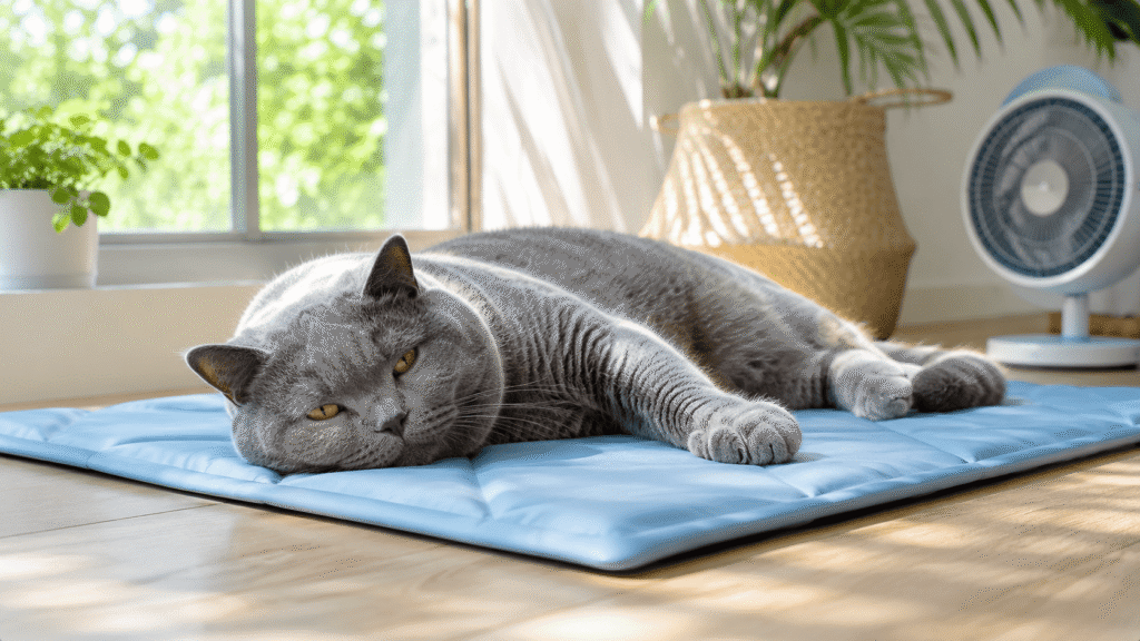 Eine entspannte Britisch Kurzhaar Katze liegt an einem heissen Sommertag auf einer blauen Kuehlmatte im Schatten
