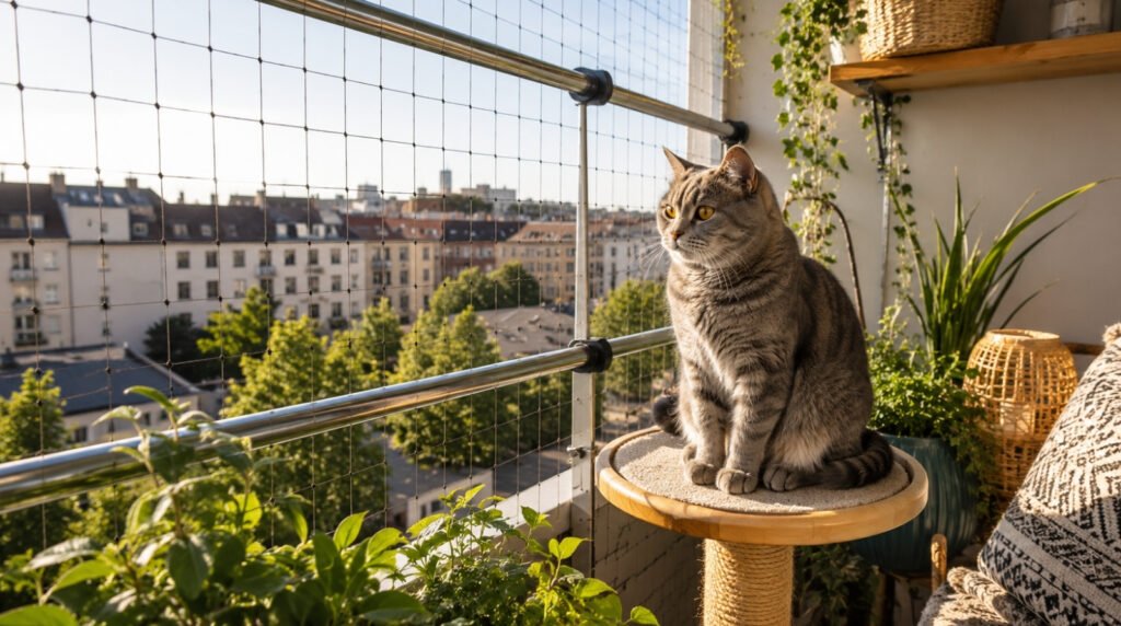 Eine entspannte Katze sitzt sicher auf einem Balkon geschuetzt durch ein nahezu unsichtbares Katzennetz das an Teleskopstangen befestigt ist