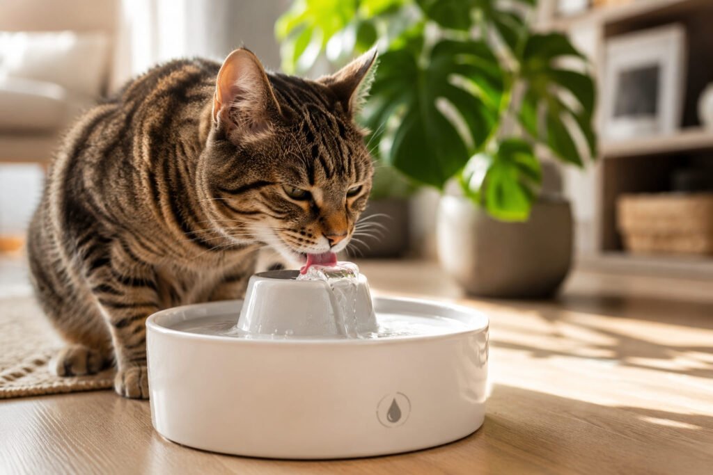 Eine getigerte Katze trinkt frisches Wasser aus einem modernen fliessenden Keramik Trinkbrunnen im Wohnzimmer