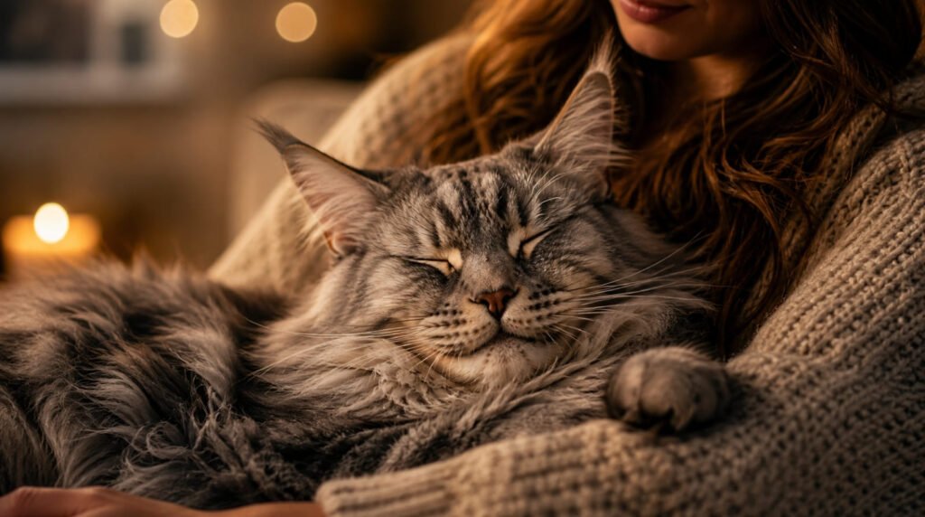Eine glückliche Britisch Kurzhaar Katze liegt mit geschlossenen Augen auf dem Schoß ihrer Besitzerin und schnurrt