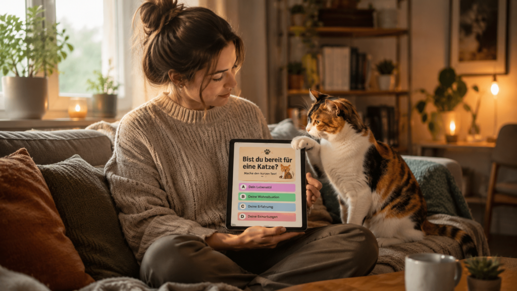 Eine junge Frau sitzt mit einem Tablet auf dem Sofa und macht einen Persönlichkeitstest, während eine Katze neugierig auf den Bildschirm schaut