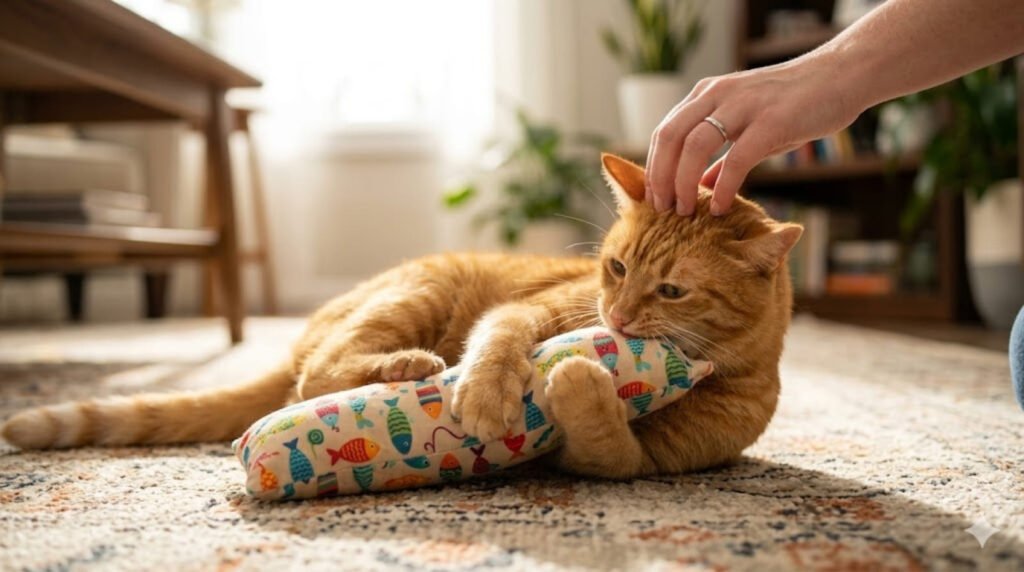 Eine verspielte Britisch Kurzhaar Katze klammert sich an ein grosses Katzenminze Kissen Kicker und beisst hinein anstatt in eine Hand zu beissen