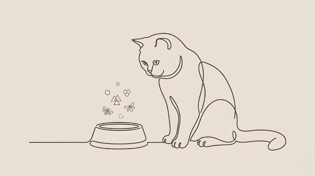 Minimalistische Linienkunst einer eleganten Katze, die neugierig auf einen stilisierten Futternapf blickt
