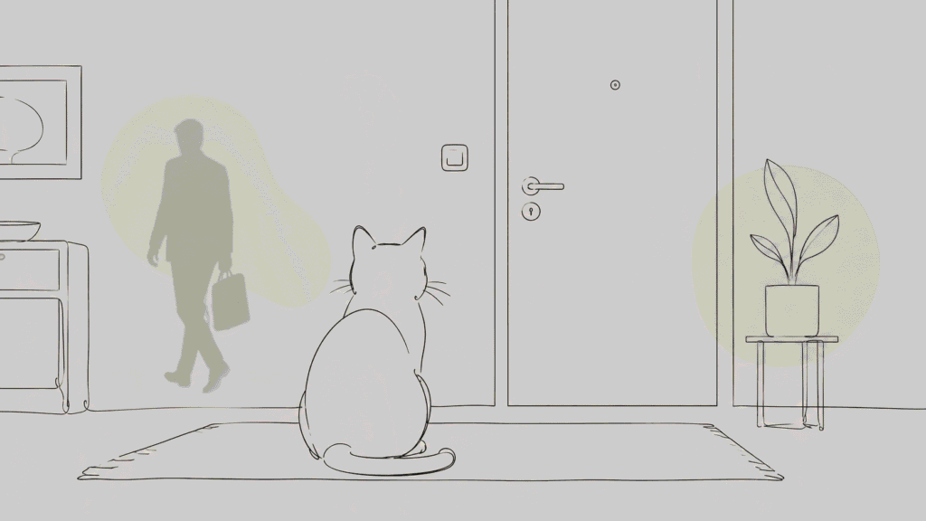 Minimalistische Linienkunst einer Katze, die traurig vor einer geschlossenen Wohnungstür sitzt Trennungsangst Katze