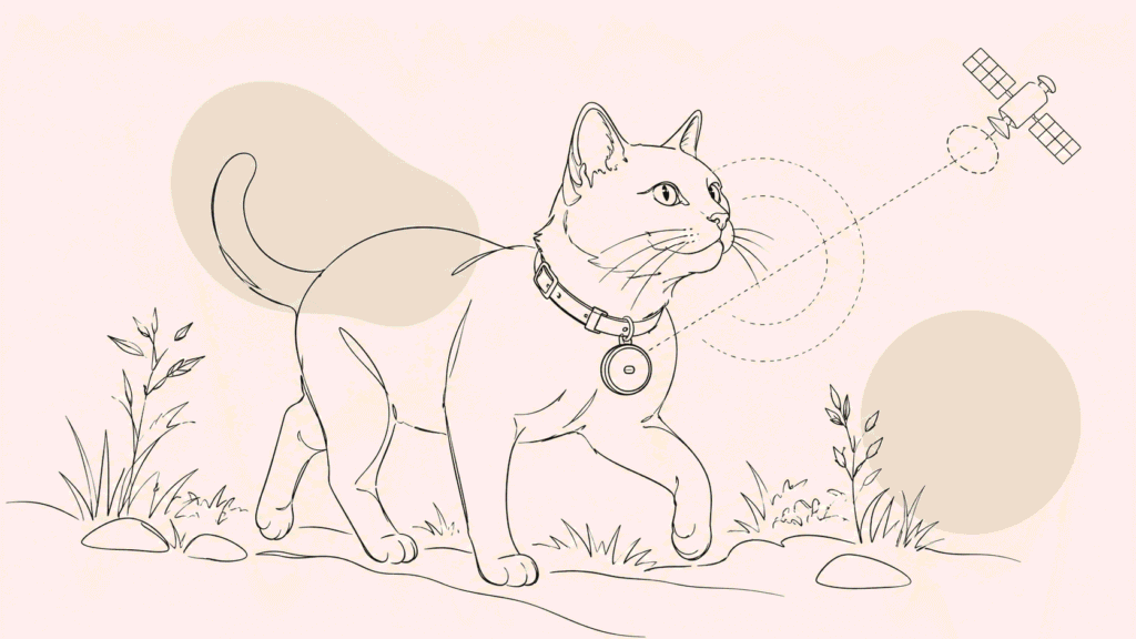Minimalistische Linienkunst einer Katze im Freien, die ein Halsband mit einem kleinen runden GPS-Tracker für Katzen