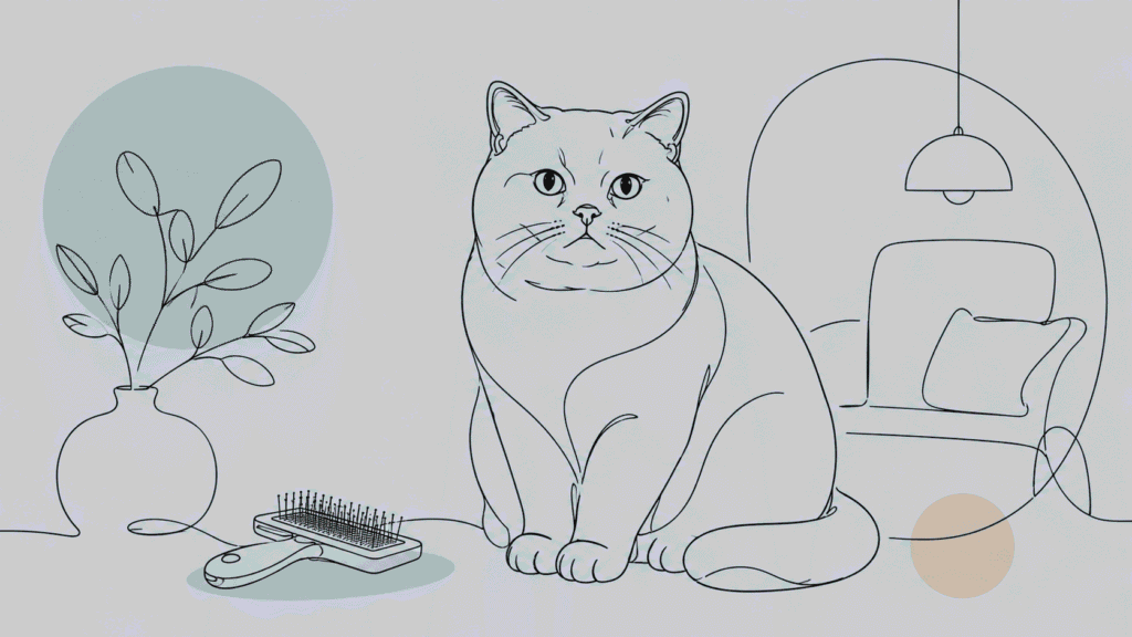 Minimalistische Linienkunst einer runden, gemütlichen Britisch Kurzhaar Katze, die neben Pflegebürsten sitzt
