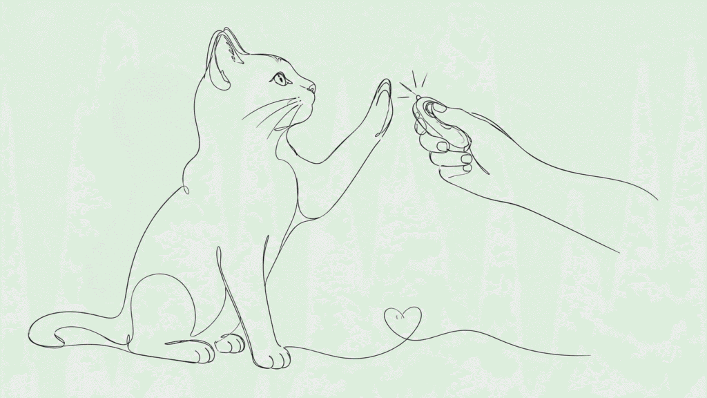 Minimalistische Linienkunst einer sitzenden Katze die neugierig ihre Pfote in Richtung eines stilisierten Clickers streckt Clickertraining Katze
