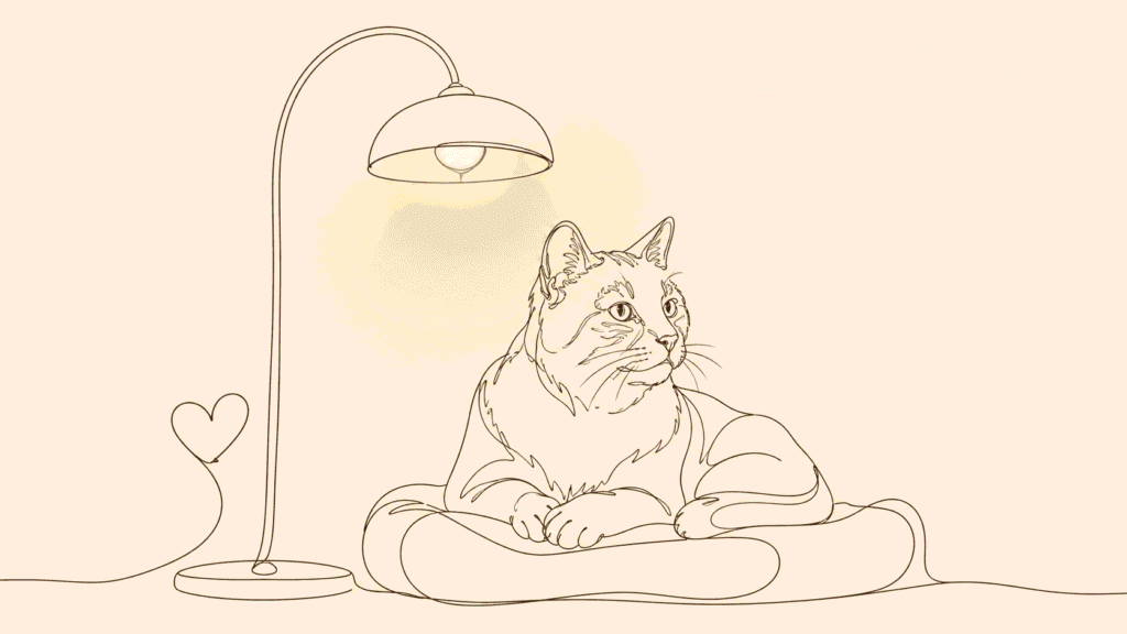 Minimalistische Linienkunst einer älteren Katze, die ruhig im Licht eines Fensters sitzt und nachdenklich ins Leere blickt