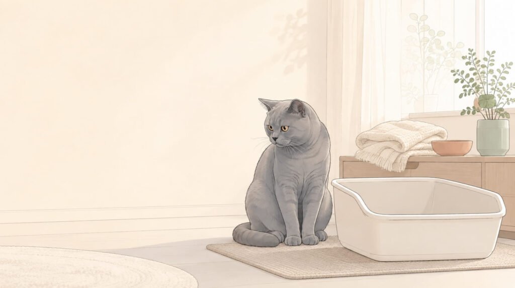 Minimalistische Illustration einer grauen Britisch-Kurzhaar-Katze neben einer großen offenen Katzentoilette in einem ruhigen, hellen Zu