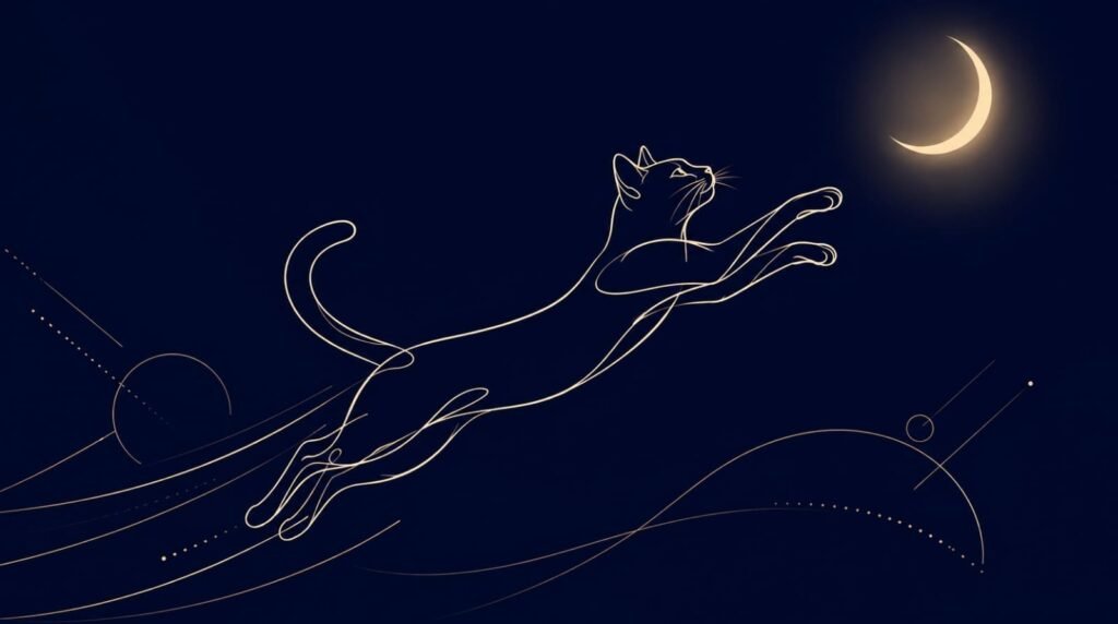 Minimalistische Linienkunst einer Katze, die nachts im Mondschein dynamisch durch ein Wohnzimmer springt