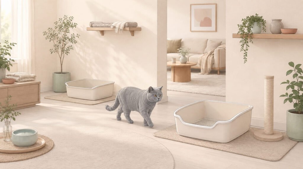 Zwei getrennt platzierte offene Katzentoiletten in einer ruhigen katzenfreundlichen Wohnung mit einer grauen Katze im Hintergrund