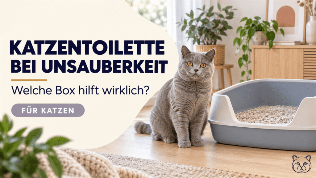 Britisch-Kurzhaar-Katze neben einer großen offenen Katzentoilette zum Thema Unsauberkeit.