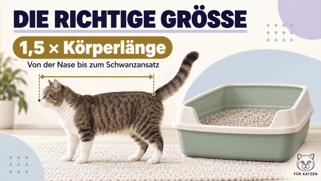 Infografik zur richtigen Katzentoiletten-Größe: etwa 1,5-mal die Körperlänge der Katze
