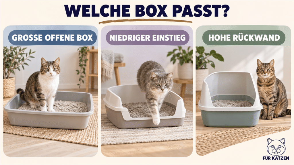 Vergleich von großer offener Katzentoilette, niedrigem Einstieg und hoher Rückwand