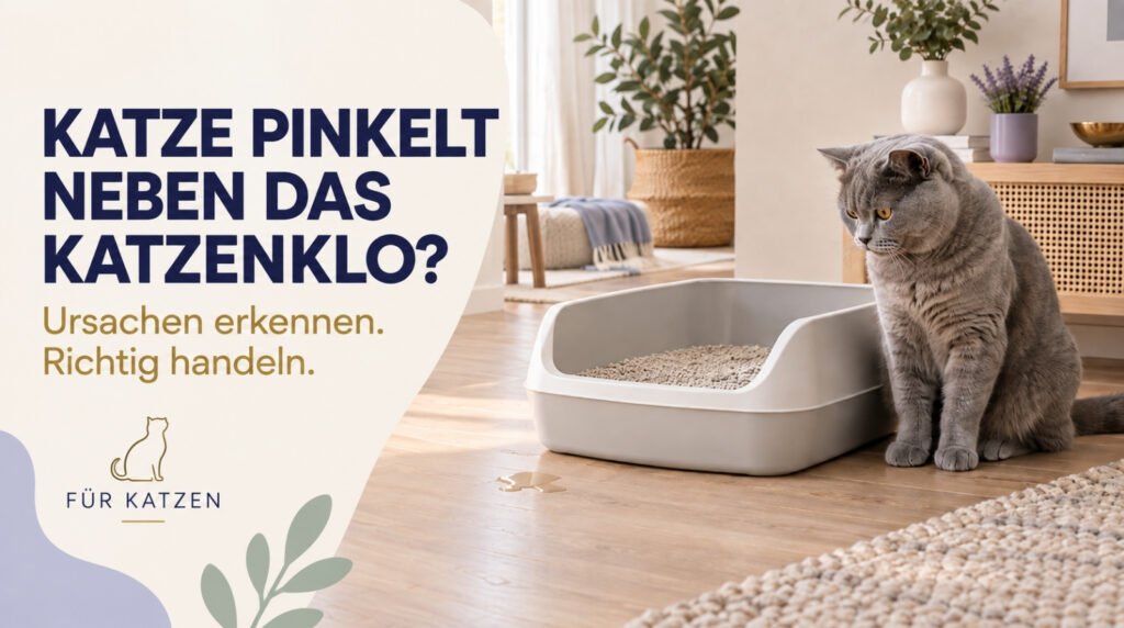 Katze sitzt neben einer offenen Katzentoilette und uriniert außerhalb der Box.